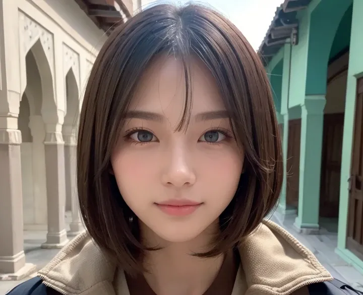 (((Brown straight short bob)))、(((His background is in Mosque..、Pose like a model at the hair salon.)))、(((Casual white winter street fashion)))、Face close-up、Half Japanese and half Russian、18-year-old boy、Light eye makeup、Brown Hair Color、flat 、Hair blowi...