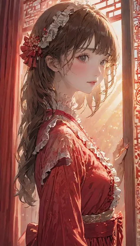 (Highest quality, masterpiece), One Japanese woman, Intricate details, Frills, See through, Show Viewer, Sunlight from the window, blush, bangs, Are standing, Upper Body,Red dress、The background is also red