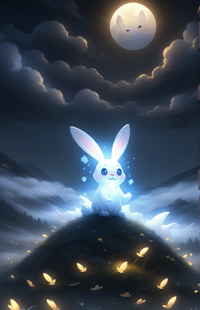 (((Ghost Bunny ))) Cute air creatures, Standing in the meadow at night, Bitcoin, bank, Coins pile up, Coin Mountains, Moonlight,Magic in the air,Calm and peaceful atmosphere,Signs of fog in the distance,Great quality,Infinite photorealistic detail