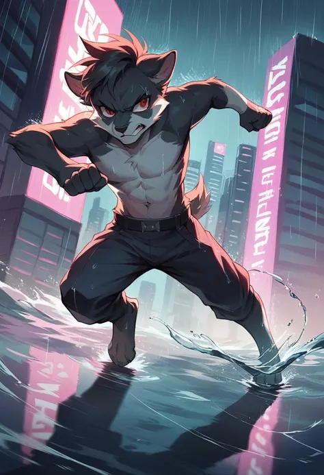 black fur, Red eyes, determined expression, Futuristic cityscape background, neon lights, rain, running pose, holding a sword, reflection in the water, steam rising from the ground. [cyberpunk, Science fiction, cheered up, dynamic]