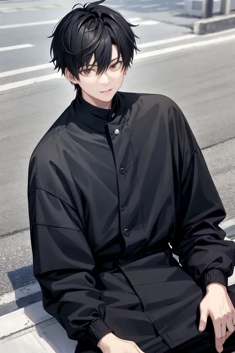 kpop boy, black hair, fade cut, put, sitting, outside street