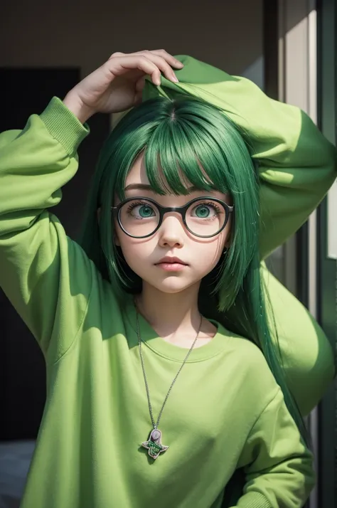 Inside out pixar style, long hair green clothes 