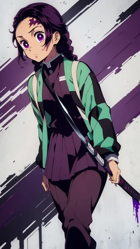 A girl with tanned skin, big dark purple hair in two braids, light purple eyes, paint under the eye, hunter uniform holding a dark purple katana