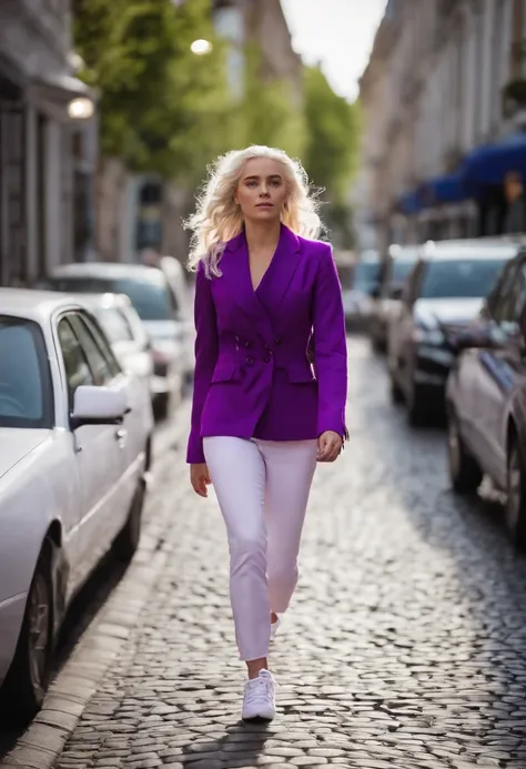 EMÍLIA CLARKE in pedestrian zone, pinker Kapuzenpullover, violet Blazer, white pants, violet sneaker, Runs in the pedestrian zone, HAIR from Daenerys targaryen 