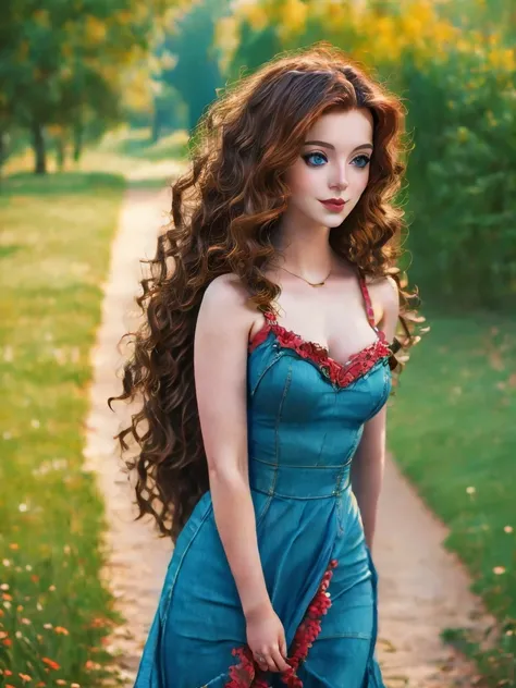 (Best quality, 4K, 8K, A high resolution, Masterpiece:1.2), Ultra-detailed, Realistic portrait of an 18 year old aristocratic girl, Exquisite facial features，Long brown curly hair details expressed, The posture is leisurely and natural，Graceful posture, Dr...