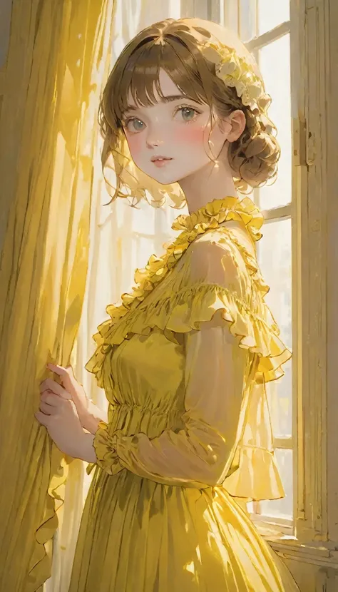 (Highest quality, masterpiece), A beautiful Italian woman, Intricate details, Frills, See through, Show Viewer, Sunlight from the window, blush, bangs, Are standing, Upper Body,Yellow dress、The background is also yellow