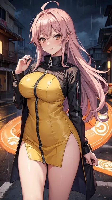 woman (naruarrive), 1 girl, alone, Large Breasts, yellow_Eye, superior_Body, watching_arrive_this_side, cosmetics, zipper, rain, paper, nose, open clothiss, paper jutsu, superior Body, Xiao clothing, Labre piercing smile