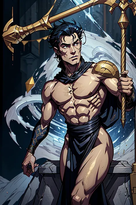 Half-dragon, half-human man with black robe and golden details and blue crystals on his body holding an iron staff