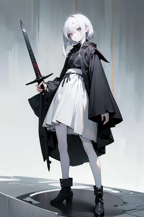 Masterpiece Quality, Perfect Generation, Sclera, Detailed Eyes, Skin, White Hair, Gray Eyes, Pale Skin, Room Background, Facing Viewer, Standing, , Female, Full Body, Swordsman,