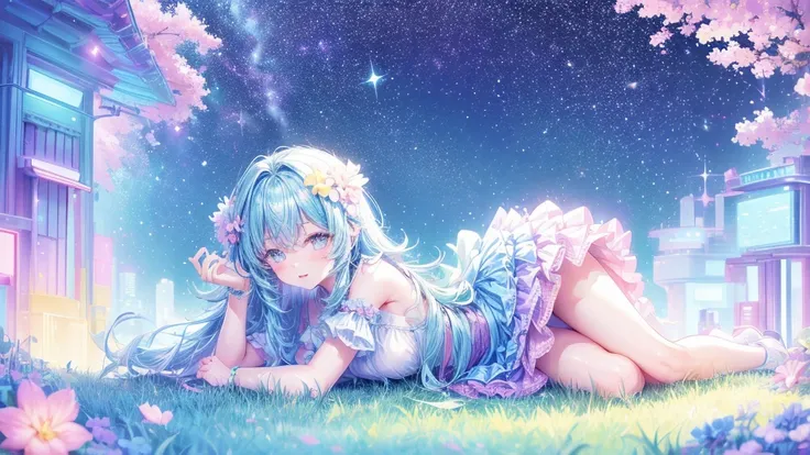 Depicts a scene where a cute girl character lies on a grassy hill, Looking at the stars. Surround her with colorful nebulae and her favorite constellations.