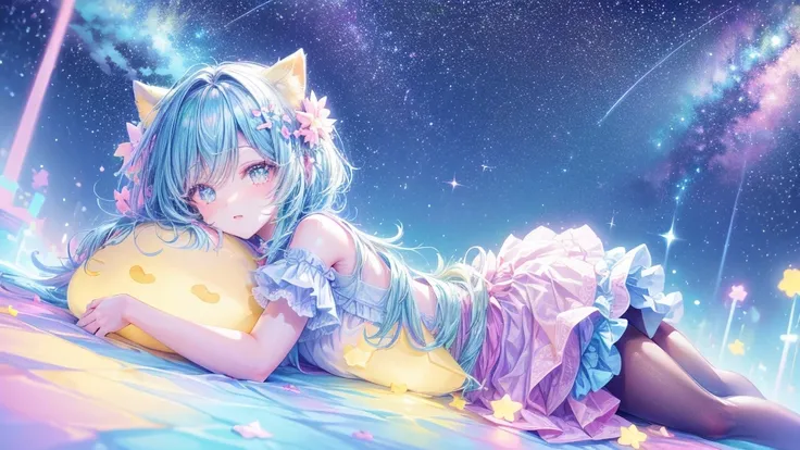 Depicts a scene where a cute girl character lies on a grassy hill, Looking at the stars. Surround her with colorful nebulae and her favorite constellations.