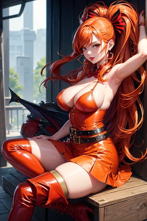 piperBS_mariposa, orange hair, long hair, earrings, hair bow, realistic face, red lips, big breasts, big thighs, big ass, red belt, thigh strap, high boots, heels, showing pussy, mitsuri kanroji demon slayer outfit,