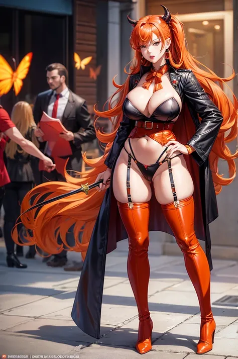 piperBS_mariposa, orange hair, long hair, earrings, hair bow, realistic face, red lips, big breasts, big thighs, big ass, red belt, thigh strap, high boots, heels, showing pussy, mitsuri kanroji demon slayer outfit,