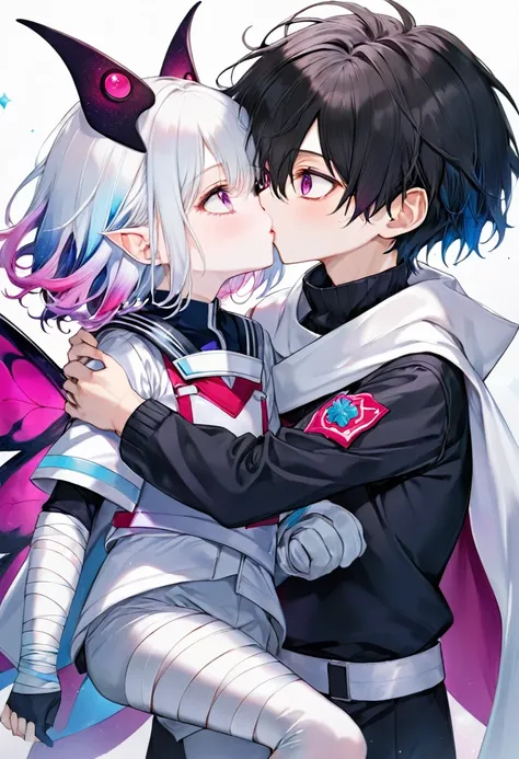 10 year old boy with pale icy skin [With messy hair Black with silver blue With bright pink and violet eyes] In the Black Clover anime Galactic Patroller uniform with bandages on the hands,Kissing with a very pretty Alien girl