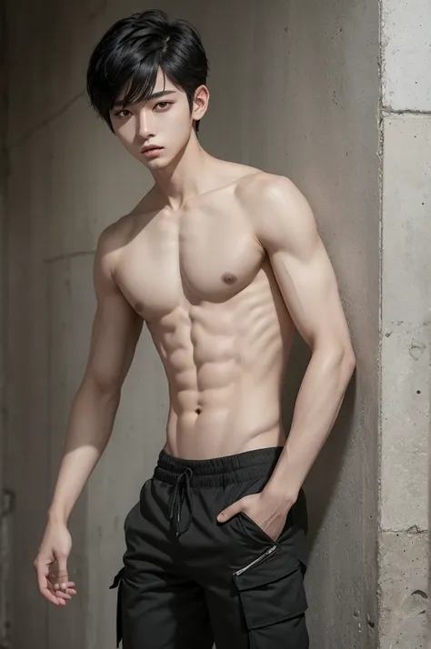 a young boy with black hair, black eyes, light and thin skin, white cargo pants, no shirt+manhwa style 