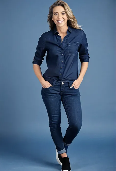 A women , black jeans, nevy blue shirt,full screen