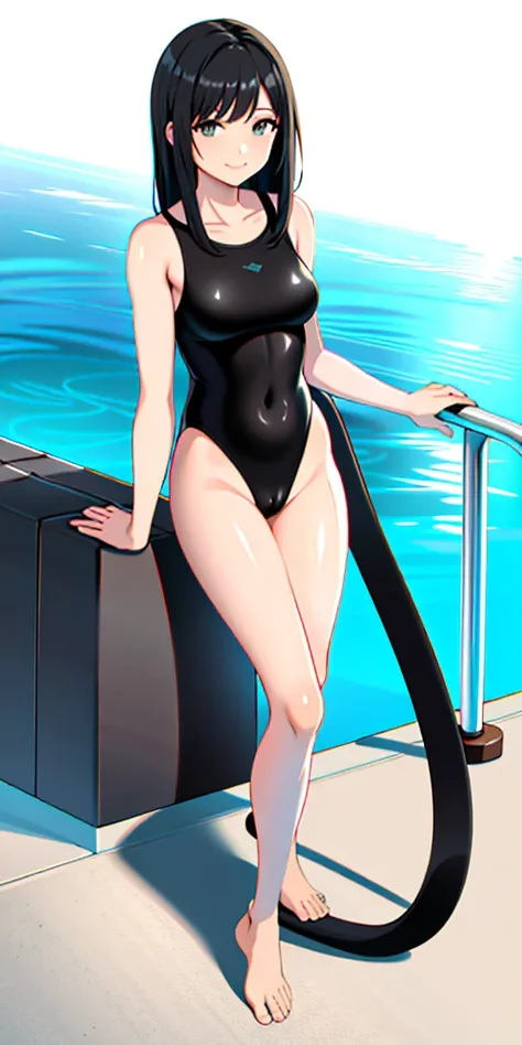 best quality, 1girl, solo, standing, pool, medium hair, black hair, straight hair, looking at viewer, medium breasts,  (prosthetic leg:1.2), full body, smiling, swimming suit, leotard, black leotard, black swimming suit, barefoot. 