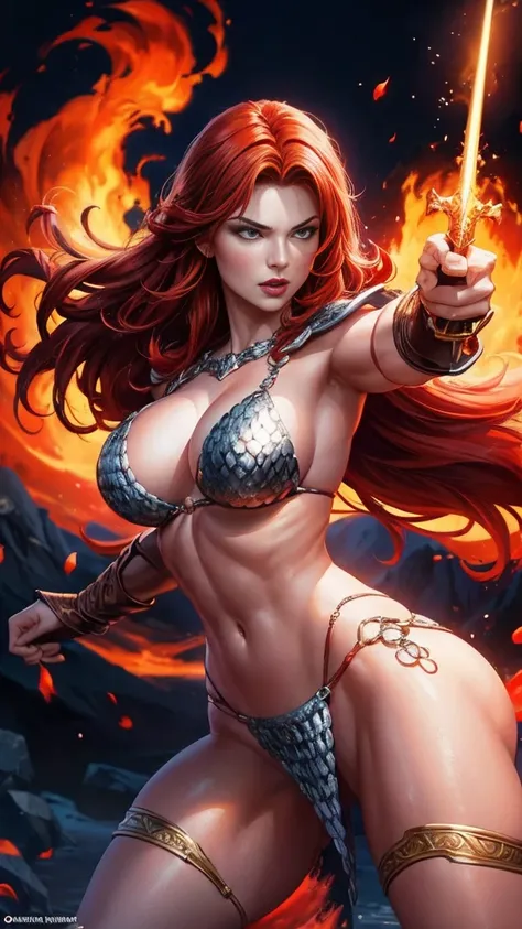 (redhead:1.1, fantasy:1.2, comic book:1.2), sexy warrior princess, fierce demeanor, red hair flowing, breathtaking beauty, seductive aura, strong and confident, striking pose, powerful stance, fierce eyes, passionate spirit, large, well-defined muscles, ar...