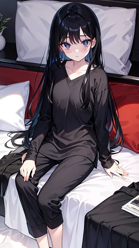 , long black hair, preppy, vestimentas: pyjamas , local: in bed lying asleep