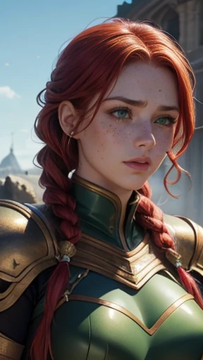 Vivid colors, Aesthetic realistic, a woman, red hair, green eyes, curly hair, freckles on both cheeks, full lips, sympathetic look, fair skin, armor, Huge Breasts, small build, upper body, braided hair,