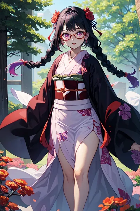 Girl in light purple Japanese kimono, with printed flowers, neckleace, dark purple hair tied into two braids with bangs pink eyes, red square glasses, fully body, seductive and flushed face