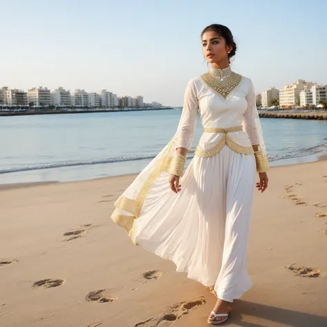 Create a realistic young woman stands outdoors, wearing a white golden sharara. She holds a small golden white purse and is positioned in front of a modern beach background city. The sharara features intricate lace detailing on the sleeves, adding an elega...