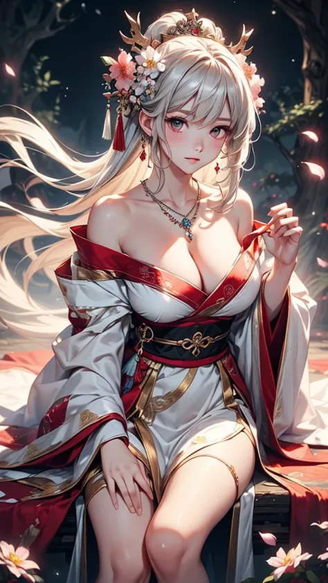 (masterpiece:1.5, Highest quality, Very detailed、 Dutch Angle、Semi-realistic、Fantasy)(One Girl, alone)(White and beautiful hair:1.4,,Straight Long Hair)(Wearing Han clothes, Royalty、White and red Hanfu:1.6,Thick fabric,Long sleeve)、((Off the shoulder、large...