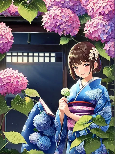 Yukata girl and hydrangea