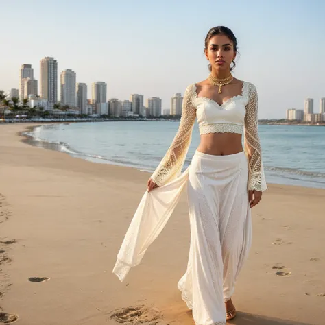 Create a realistic young woman stands outdoors, wearing a white golden sharara. She holds a small golden white purse and is positioned in front of a modern beach background city. The sharara features intricate lace detailing on the sleeves, adding an elega...