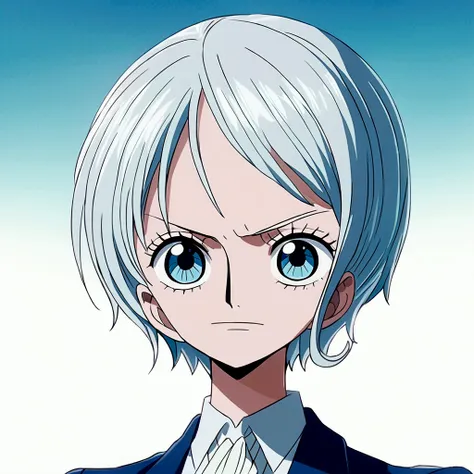 styled animation anime one piece toei animation, 17 year old woman with short straight white hair, round, mature sky blue eyes, ...