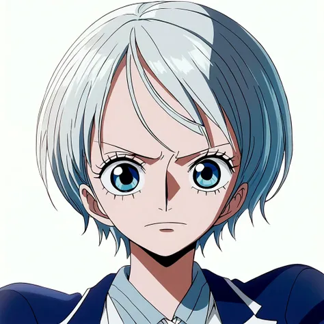 styled animation anime one piece toei animation, 17 year old woman with short straight white hair, round, mature sky blue eyes, ...