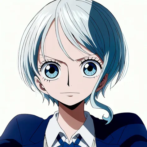 styled animation anime one piece toei animation, 17 year old woman with short straight white hair, round, mature sky blue eyes, ...