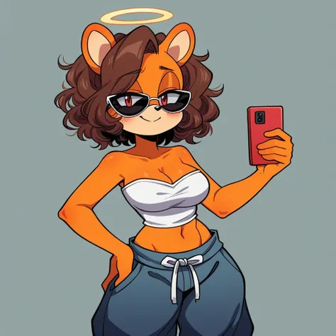 score_9, score_8_up, mobian, solo, hedgehog, two-tone fur ((orange fur, brown fur)), strapless crop top, baggy pants, cleavage, two-tone hair (brown hair, black tip)), curly hair, halo, sunglasses, jewelry, red eyes, longeyelashes, red eyes, smile, shy, bl...