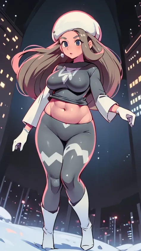 A girl from Russia, Asian, sexy, beautiful, cute, big breast, long wavy dark blonde hair, her round gray eye, thin eyelash, black pink lip, soft cheeks, she dresses in a dark gray top, long sleeves, shows a navel and a pair of short gray pants, a pair of p...