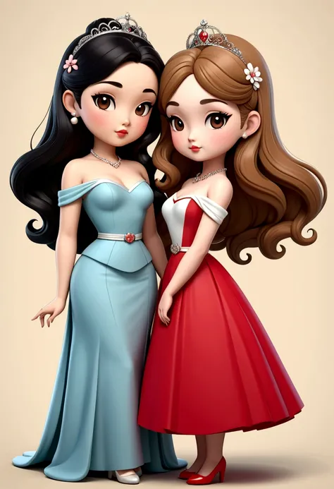 two beautiful curvy chibis in love, a small Asian lady with long flowing black hair and a British princess with light brown hair. Dressed in the style of the 50s. illustration, 3d rendering, photography, realistic, anime, photography, poster