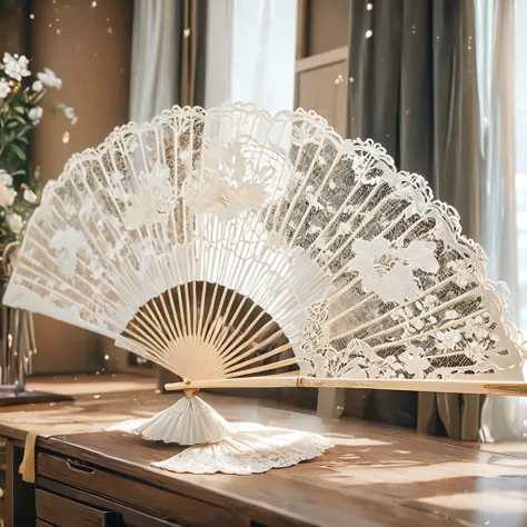 white laceで出来た扇子, beautiful lace fan, lace fan for room decoration, indoor, white lace, very delicate lace, best quality:1.2, 4k...