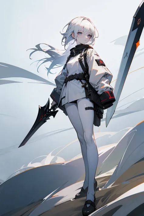 Masterpiece Quality, Perfect Generation, Sclera, Detailed Eyes, Skin, White Hair, Gray Eyes, Pale Skin, Field Background, Facing Viewer, Standing, , Female, Full Body, Fighter Clothing, Sword