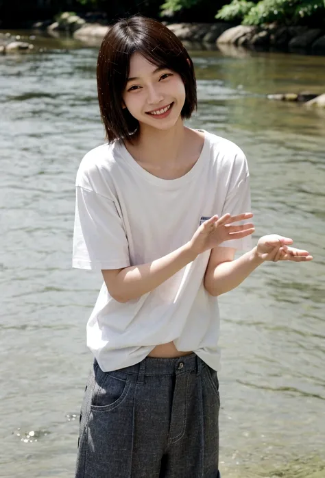 Japanese、18-year-old、Very slim、((Smiling))、T-Shirts、Roll up your trousers with your hands、River shallow waters