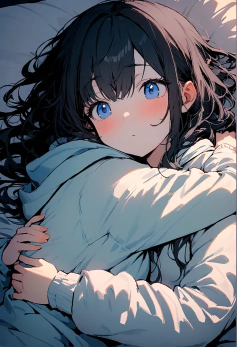 One girl and one boy, girl has long black hair, wearing hoodie, blue eyes, laying in bed and hugging the boy, boy has black hair and blue eyes, they are really tightly hugged, intimate, cozy, 8K, masterpiece, 