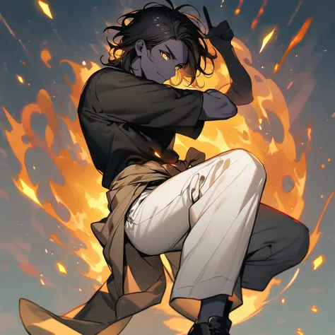 (well done: 1) man, slightly burnt black skin, shoulder-length wavy black hair, yellow eyes, black t-shirt, white pants, blouse wrapped around the waist, black shoes.