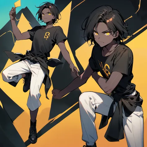 (well done: 1) man, slightly burnt black skin, shoulder-length wavy black hair, yellow eyes, black t-shirt, white pants, blouse wrapped around the waist, black shoes.