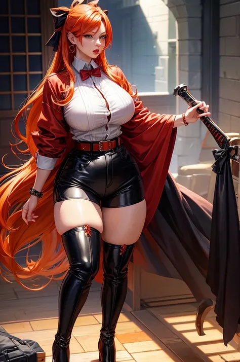 piperBS_mariposa, orange hair, long hair, earrings, hair bow, realistic face, red lips, big breasts, big thighs, big ass, red belt, thigh strap, high boots, heels, showing pussy, mitsuri kanroji demon slayer, standing, a character, white shirt, black short...