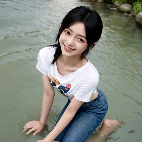 Japanese、18-year-old、Very slim、((Smiling))、T-Shirts、Turn up your pants、River shallow waters