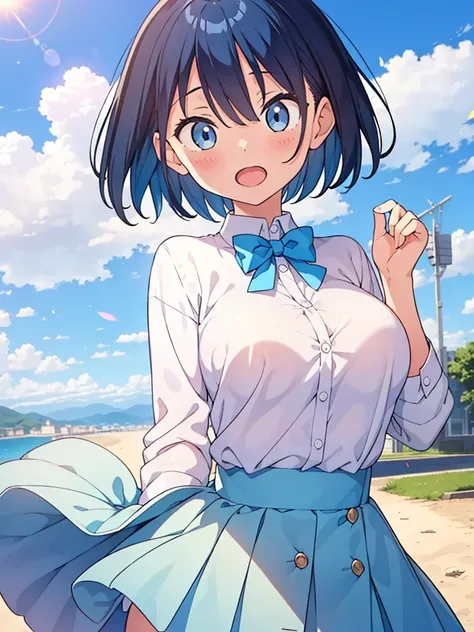 masterpiece, best quality, solo, ,
short hair, blue hair, straight hair, blue eyes, white shirt, open mouth, bowtie, large breasts, button gap, blank eyes,
blue sky, wind,