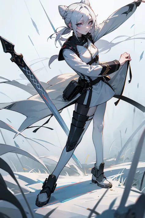 Masterpiece Quality, Perfect Generation, Sclera, Detailed Eyes, Skin, White Hair, Gray Eyes, Pale Skin, Field Background, Facing Viewer, Standing, , Female, Full Body, Fighter Clothing, Sword, Hair In Buns, Attractive