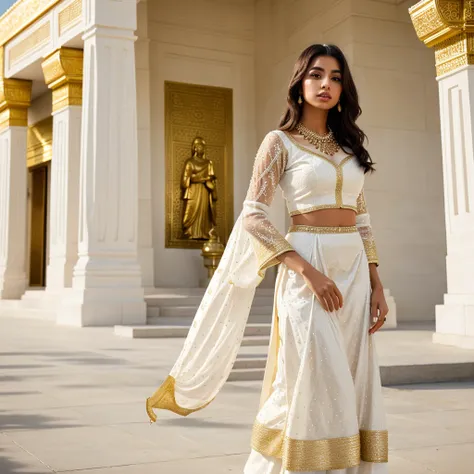 Create a realistic young woman stands outdoors, wearing a white golden sharara. She holds a small golden white purse and is positioned in front of a modern temple background complete crowd. The sharara features intricate lace detailing on the sleeves, addi...