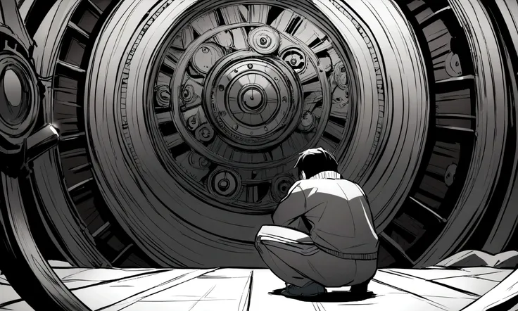 black and white drawing, giant clockwork background, human, 26 year old male, black neat hair, a lonely face, wearing gray tracksuit, squat down, Frustration, 