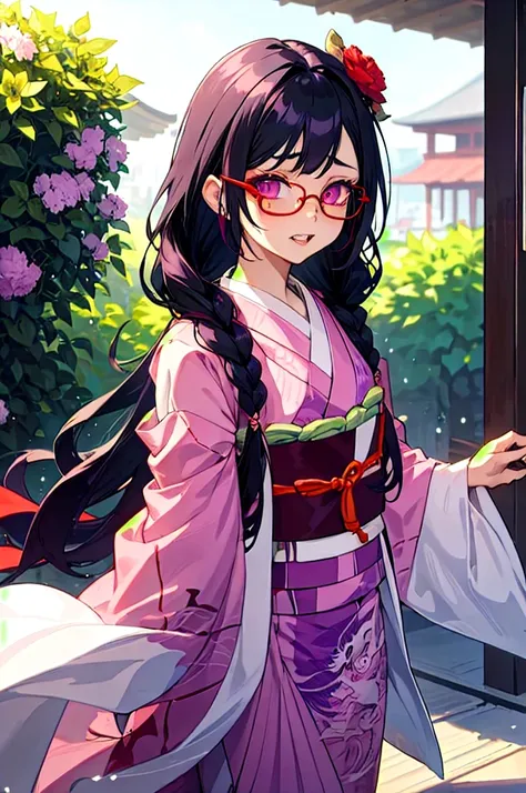 Girl with long dark purple hair with bangs, light pink eyes with big eyelashes, red qudradi glasses, long sleeveless kimono, Dark purple dragon tattoo on your arm, red flower in your hair, flushed face and pointed teeth