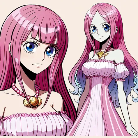 Styled Animation Anime One piece toei Animation, 18 year old woman with long straight hot pink hair, round, mature sky blue eyes, pale skin dress with medium short glitters, whole body 