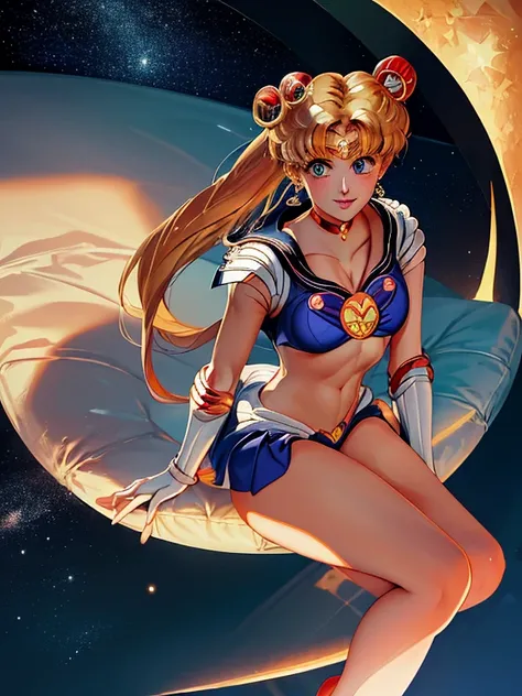 masterpiece, highest quality, High Resolution, Month 1, 1 girl, alone,  ((Sailor Moon:1.3)), Usagi Tsukino, blonde, Magical girl, blue eyes, Elbow hand pockets, tiara, ((bikini:1.5)), choker, White gloves, jewelry, Earrings, smile, The background is space ...